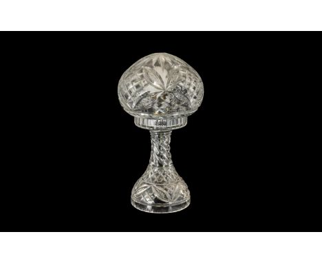 Small Engraved Glass Mushroom Lamp raised on pedestal, top lifts off for access to bulb.  Measures approx 11" high.  