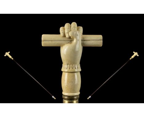 Heavy Quality Carved Ivory Handled and Ebony Gents Walking Stick the handle in the form of a hand holding a scroll mounted to