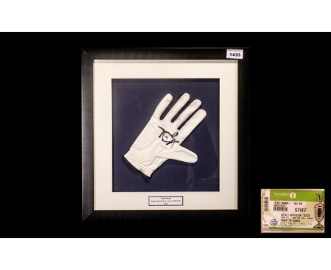Golf Interest - Tiger Woods Framed &amp; Signed Glove from 2012 Open Golf Championship at Royal Lytham.  In attractive modern