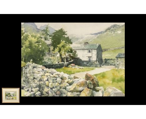 Watercolour by Norma Wheatley 'The Bield'.  Mounted and framed behind glass, measures 19" x 17".  Signed to bottom right of p