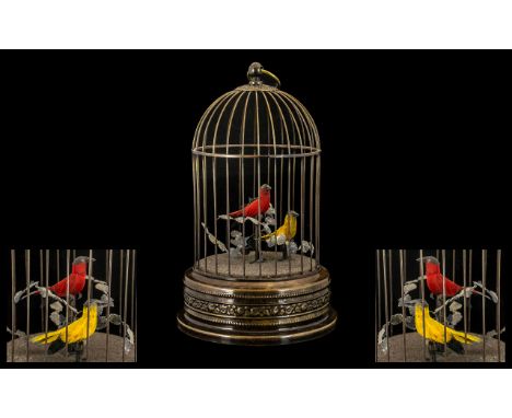 Mid 19thC Wind Up Musical Automaton of Two Singing Birds in a Brass Cage, both birds move and sing with good tone; 10.75 inch