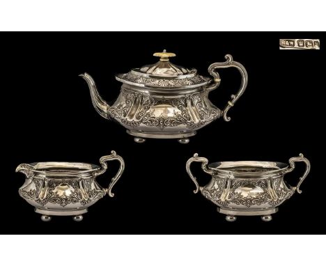 Victorian Period Elaborately Decorated 3 Piece Silver Tea Service of Excellent Form and Quality. Hallmark Sheffield 1900, Mak