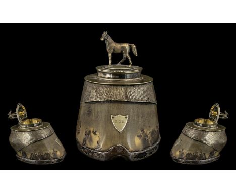 Victorian Horse's Hoof Table Snuff Box with a silver plated lid and mounts, the lid with a horse finial and a shield plaque t