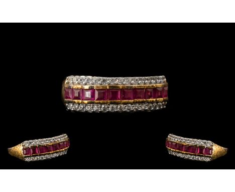 Ruby Half Eternity Ring, a row of closely set, square cut rubies set between two rows of round cut, natural zircon, sparkling