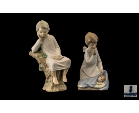 Lladro - Hand Painted Porcelain Figures ( 2 ) In Total. Comprises 1/ ' Guardian Angel ' with Baby. Model No 4635. Height 7 In