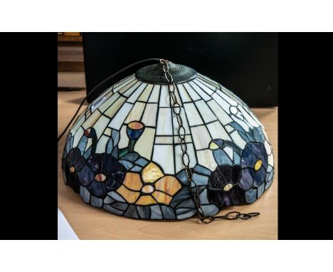 Tiffany Style Reproduction Leaded Glass Hanging Light Shade, picked out in a flower design; 18 inches in diameter x 12 high