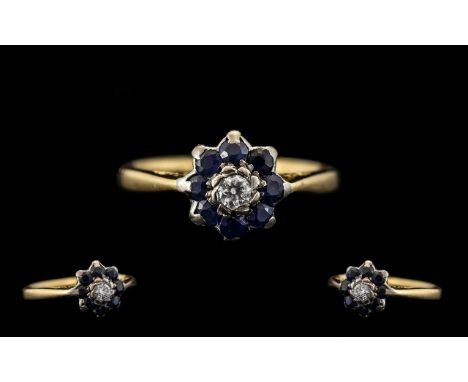 Ladies 9ct Gold Attractive Sapphire and Diamond Set Ring, Flower head Design. Fully Hallmarked for 9ct, The Central Diamond S