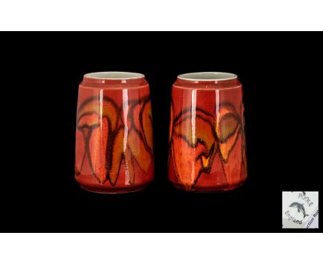 Poole Pottery - Pair of Signed 1960's Vases 'Delphis' Pattern.  Orange colourway.  Shape No. 34.  Signed byartist to undersid