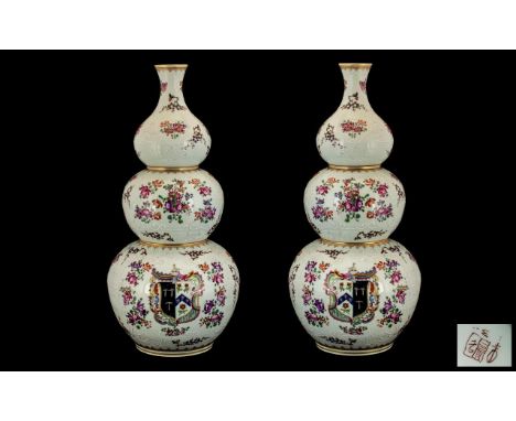 Large Pair of Fine Quality Antique Samson Factory Paris Porcelain Triple Gourd Shape Vases in the Chinese style, decorated to