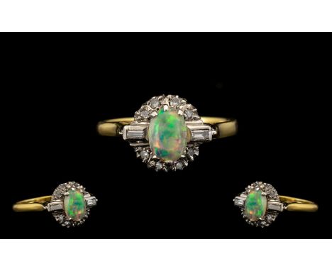 18ct Gold Attractive Opal &amp; Diamond Set Dress Ring of pleasing design and setting, marked 18ct to interior of shank.  The