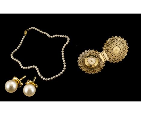 Modern Pearl Necklace With 9ct Gold Clasp, Length 16 Inches. Together With A Pair Of 9ct Gold Stud Earrings. + A Base Metal W
