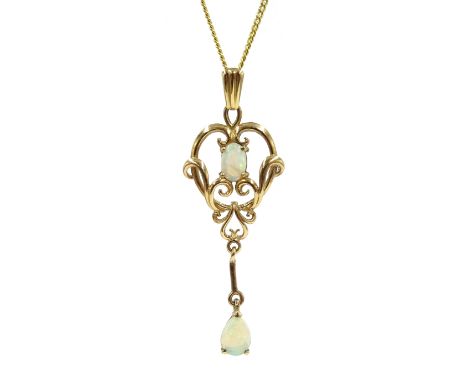 9ct gold opal pendant necklace, hallmarked Condition Report Approx 3.4gm, pendant length = 4.5cm, chain length = 40cm Click h