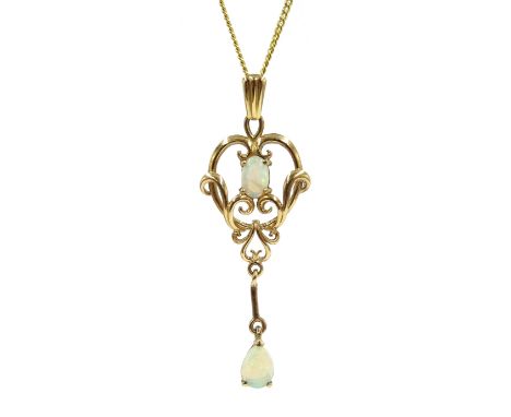 9ct gold opal pendant necklace, hallmarked Condition Report Approx 3.4gm, pendant length = 4.5cm, chain length = 40cm Click h