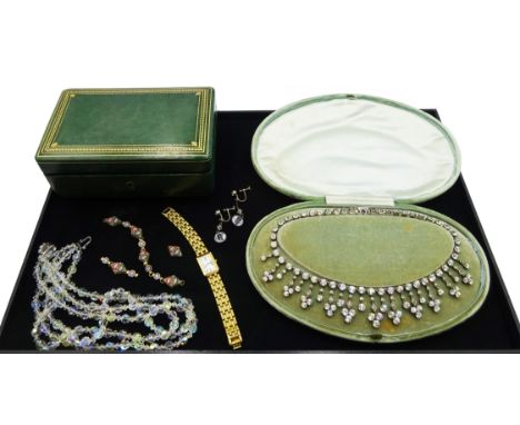 Silver garland necklace with makers mark (probably French) in velvet case, green tooled leather music jewellery box with velv