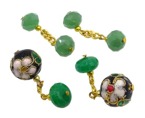 Emerald bead and cloisonne cufflinks and a pair of jade cufflinks Condition Report Click here for further images, condition, 