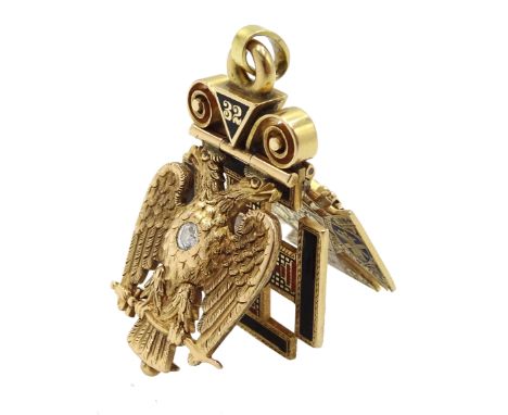 American Knights Templar 32nd Degree 14ct gold diamond, ruby and enamel three part hinged fob pendant, with Masonic symbols, 