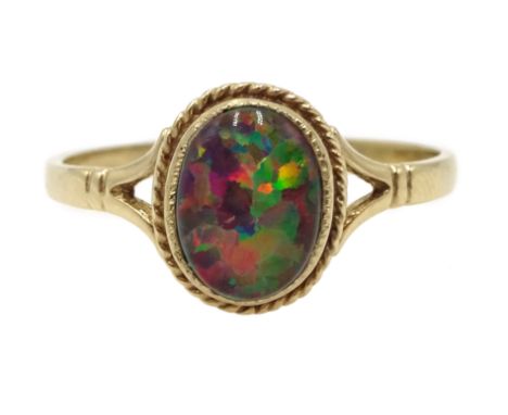 9ct gold oval opal single stone ring, hallmarked Condition Report Approx 1.8gm, size O, synthetic opal