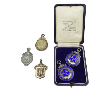 Five silver fobs, two being enamelled reading 'Warfedale Agricultural Society, all either hallmarked or stamped 'silver', hou