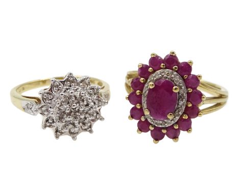 Gold ruby and diamond ring and a gold diamond cluster ring, both hallmarked 9ct Condition Report Approx 6.5gm,  ruby size N, 