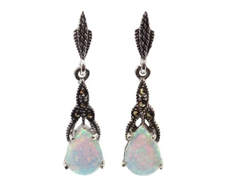 Pair of silver opal and marcasite pendant earrings, stamped 925 Condition Report Click here for further images, condition, au