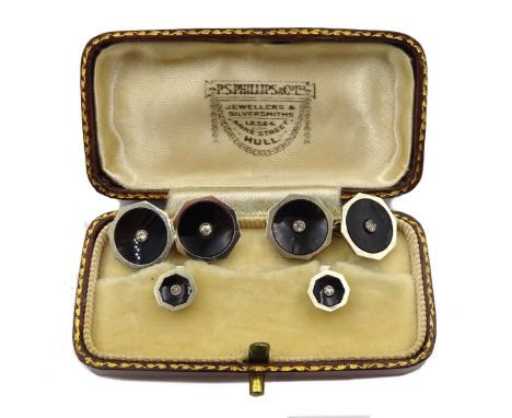 Pair of white gold, black enamel and diamond cufflinks and two matching studs, all stamped 18ct Condition Report Approx 8.73g