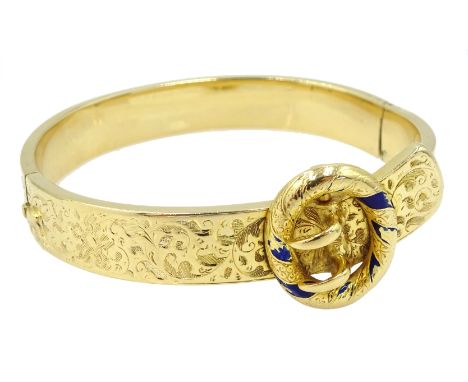 Victorian 15ct gold, blue enamel buckle hinged bangle, bright cut decoration Condition Report Approx 23.1gm, no splits to the