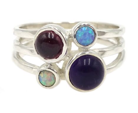 Silver amethyst, opal and garnet ring, stamped 925 Condition Report Size OClick here for further images, condition, auction t