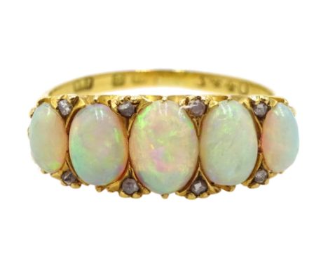 Gold graduating five stone oval opal and diamond ring, hallmarked 18ct Condition Report Approx 4.7gm, size OHallmark date let