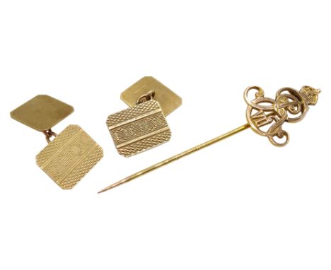 Pair of 9ct gold cufflinks, engine turned decoration hallmarked and stick pin stamped 9ct Condition Report Approx 5.07gm, bac