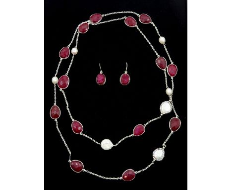 Faceted ruby and pearl silver (tested) necklace and pair of similar earrings, stamped 925 Condition Report Chain length = 120