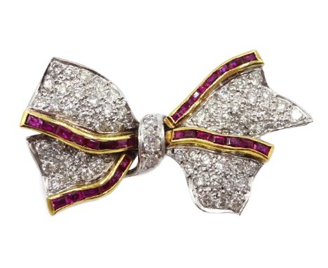 White and yellow gold pave set diamond and calibre cut ruby bow brooch, stamped 18ct Condition Report Approx 11.93gm, 40mm x 