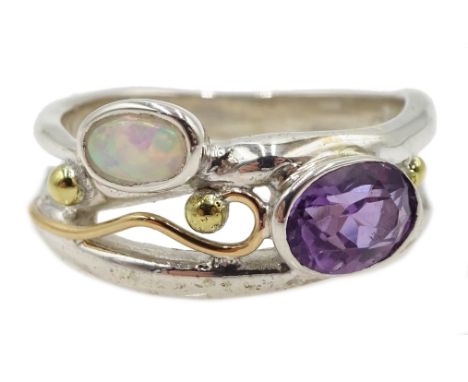 Silver and 14ct gold wire amethyst and opal ring, stamped 925  Condition Report Size M-NClick here for further images, condit