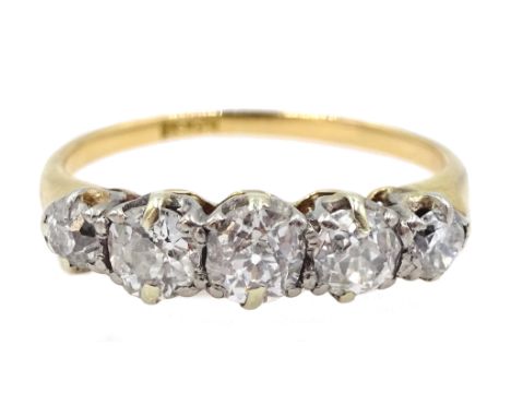 Gold five stone old cut diamond ring, stamped 18ct  Condition Report Approx  2gm, size K, the central diamond is approx 0.25 