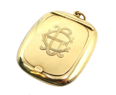 9ct gold compact pendant, with internal mirror on hinged lid and engraved initial by Deakin & Francis Ltd, approx 22.5gm Cond