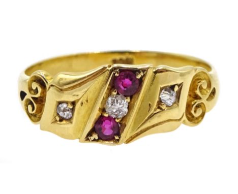 Edwardian gold two stone ruby and three stone diamond ring, stamped 18ct Condition Report Approx 3.4gm, size P-Q, hallmark ru