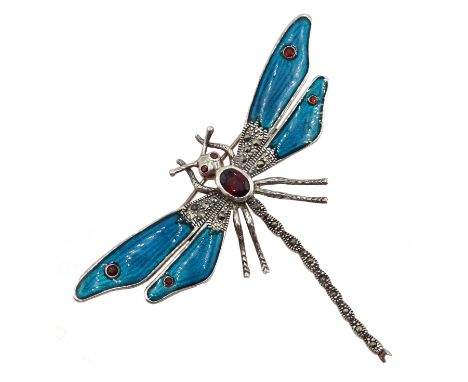 Silver marcasite, garnet and blue enamel dragonfly brooch, stamped 925 Condition Report Length = 60mmClick here for further i