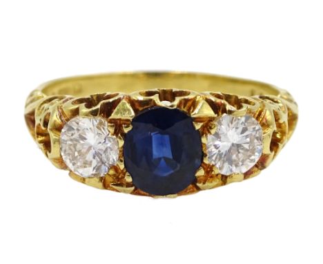 18ct gold three stone round brilliant cut diamond and oval sapphire ring by T.O'D Jewels, London 1977, each diamond approx 0.