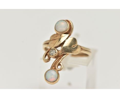 A 9CT GOLD OPAL AND DIAMOND RING, the up finger ring with central single cut diamond and foliate design, to the outer circula