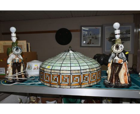 A GROUP OF TABLE LAMPS AND A TIFFANY STYLE CEILING LIGHT SHADE, comprising two Jersey Pottery table lamps in the form of a sl