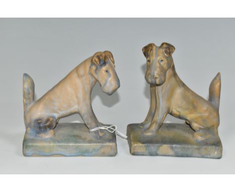 A PAIR OF BOURNE DENBY TERRIER BOOKENDS, 1920s-1930s Danesby Ware, printed marks to base, height of tallest 15.5cm (2) (Condi