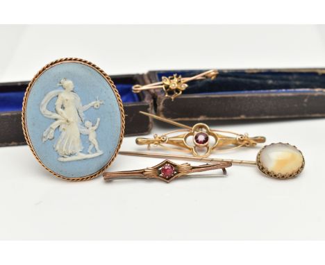 AN ASSORTMENT OF BROOCHES, to include a 'Wedgewood' cameo brooch, stamped 9ct, approximate gross weight 14.2, three yellow me