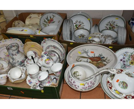 THREE BOXES AND LOOSE CERAMIC TEA AND DINNER WARE, to include a 'Portmeirion Botanic Garden' serving bowl, a light pink Foley
