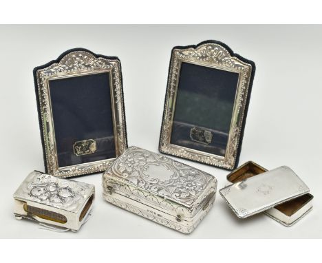 A SMALL PARCEL OF SILVER, a pair of Elizabeth II rectangular easel back photograph frames, foliate decoration, makers Carrs o