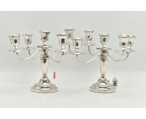 A PAIR OF ELIZABETH II SILVER FIVE LIGHT CANDELABRAS, baluster stems, stepped circular loaded base, maker J.P. Birmingham 197