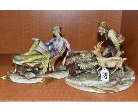 TWO ITALIAN A. BORSATO PORCELAIN FIGURINES OF MEN IN THE CAPODIMONTE STYLE, one as a farmer pushing a wheelbarrow containing 