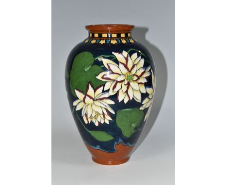 A WILEMAN &amp; CO FOLEY INTARSIO 'WATER LILY' PATTERN VASE, model 3022, decorated with pale yellow and burgundy water lilies