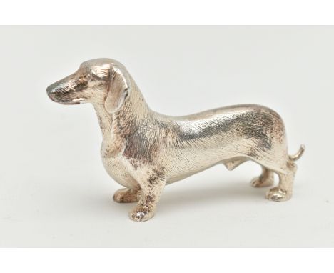 AN ELIZABETH II SILVER DACHSHUND FIGURE, realistically textured, maker Albert Edward Jones, Birmingham 1978, approximate heig