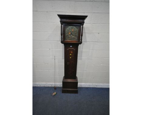 A GEORGIAN OAK 30 HOUR LONGCASE CLOCK, the hood with a glazed door, that's enclosing a brass 11.5 inch dial, depicting Roman 