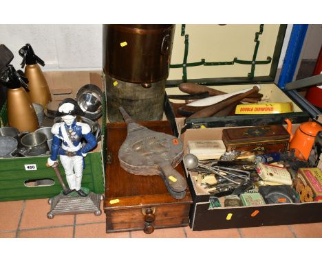 TWO BOXES, A PICNIC HAMPER AND LOOSE METALWARE AND SUNDRY ITEMS, to include vintage advertising tins including St Bruno Flake