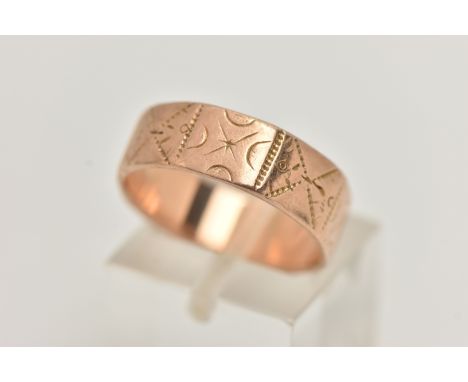 A LATE VICTORIAN, 9CT ROSE GOLD TEXTURED WIDE BAND, approximate band width 6.4mm, engraved textured pattern, hallmarked 9ct B